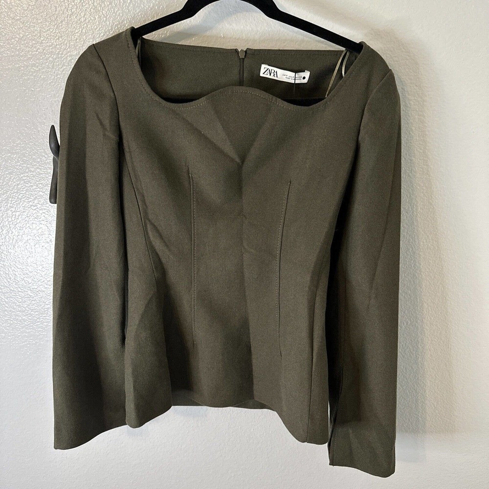 Zara Top Womens Small Green‎ Long Sleeve Topstitched Slit Blouse Fitted Shirt S